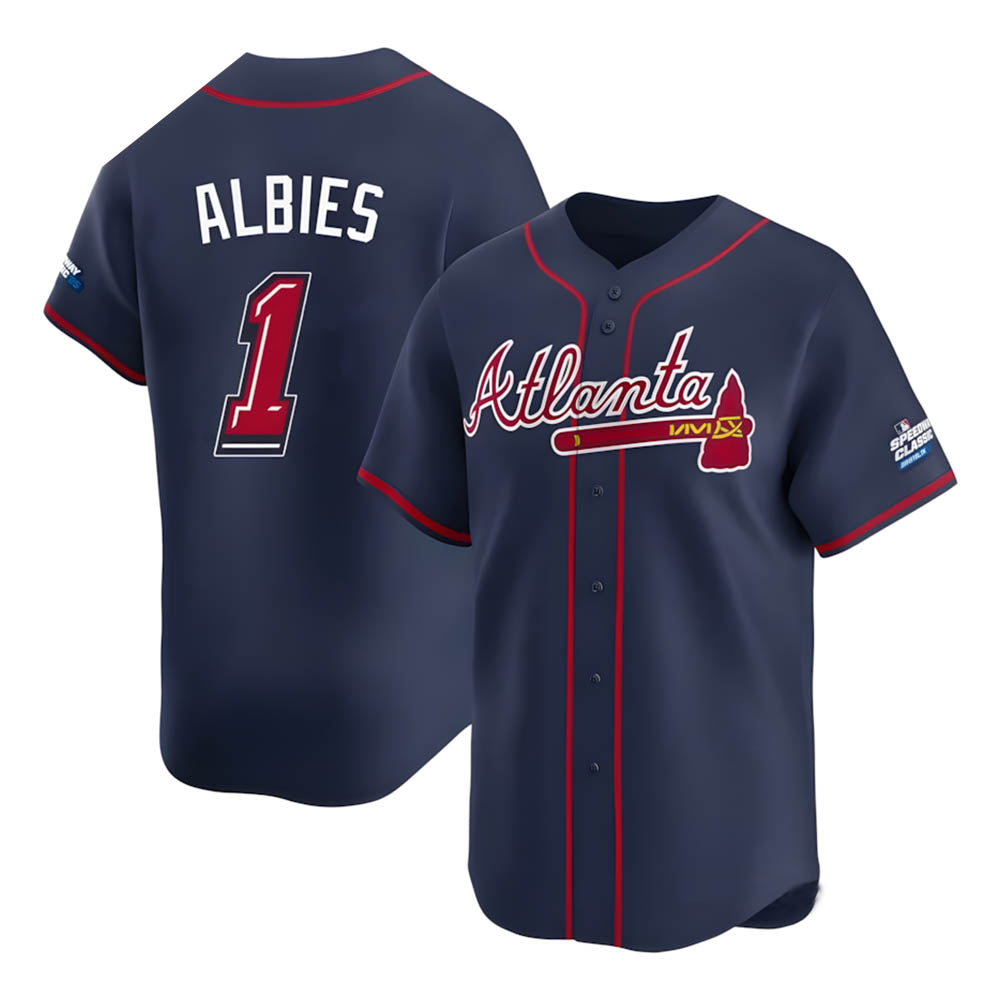Arlishia A.Braves #1 Ozzie Albies Player Navy Limited 2025 Speedway Classic Alternate Stitched Jerseys