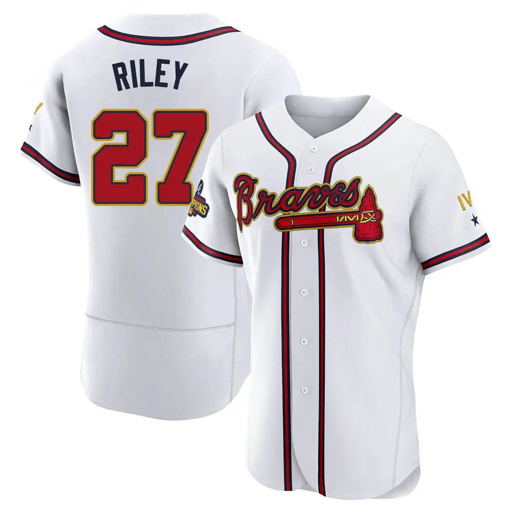 Arlishia A.Braves #27 Austin Riley Player White&Gold Authentic Program Stitched Jerseys
