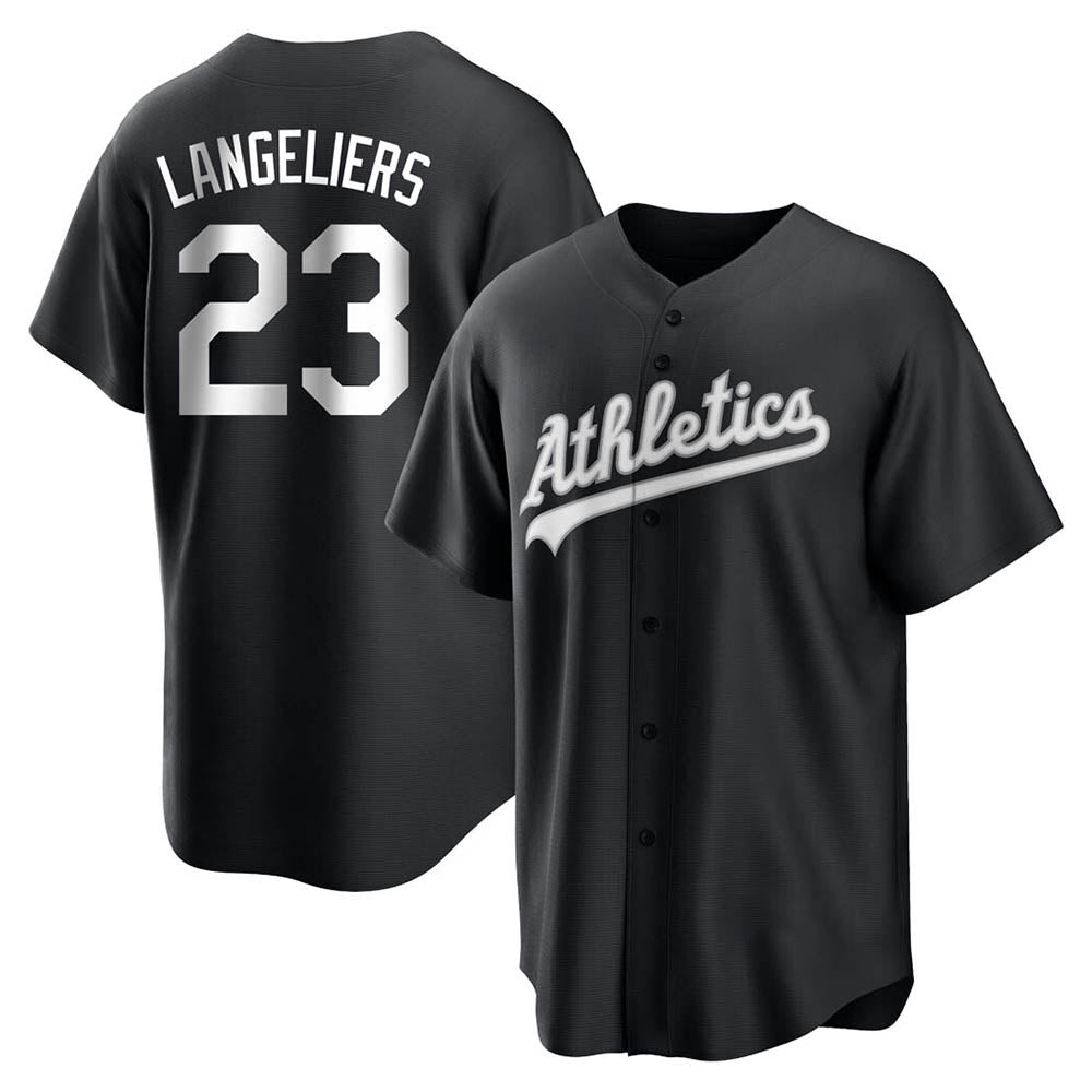 Arlishia Athletics #23 Shea Langeliers Player Black&White Replica Stitched Jerseys