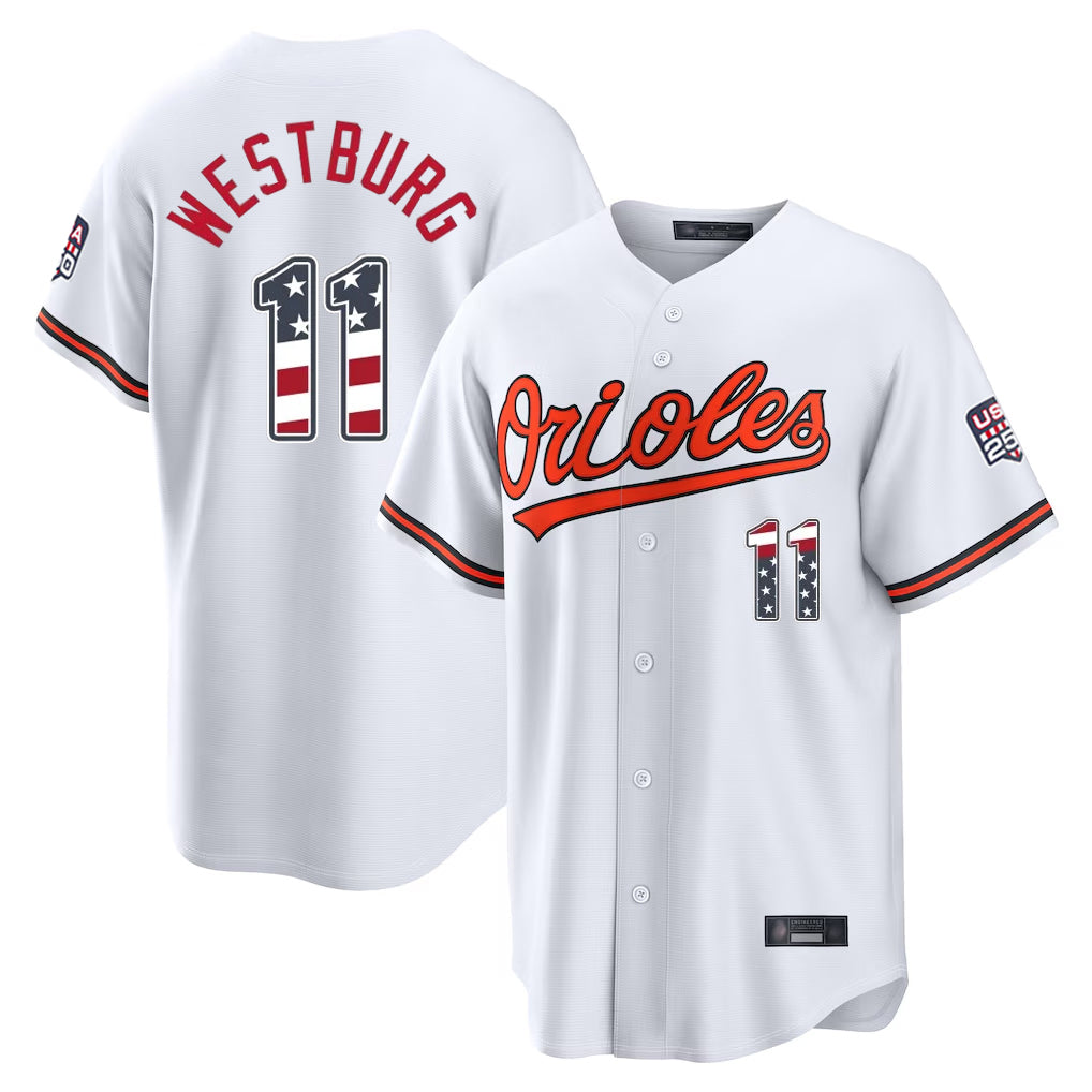 Arlishia B.Orioles #11 Jordan Westburg Player White USA 250 Fourth of July Home Game Stitched Jerseys