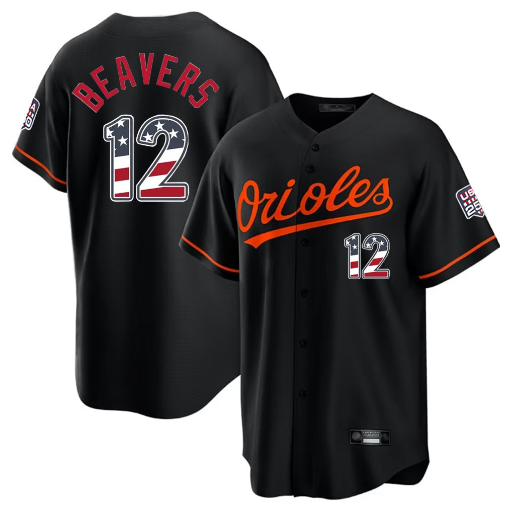 Arlishia B.Orioles #12 Dylan Beavers Player Black USA 250 Fourth of July Home Game Stitched Jerseys