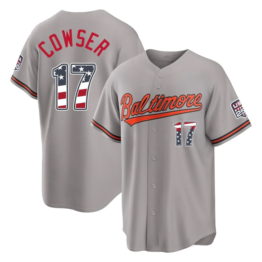 Arlishia B.Orioles #17 Colton Cowser Player Gray USA 250 Fourth of July Home Game Stitched Jerseys