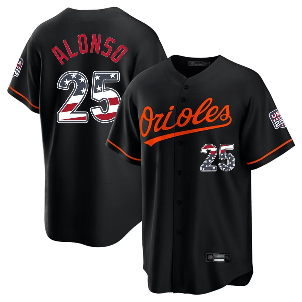 Arlishia B.Orioles #25 Pete Alonso Player Black USA 250 Fourth of July Home Game Stitched Jerseys