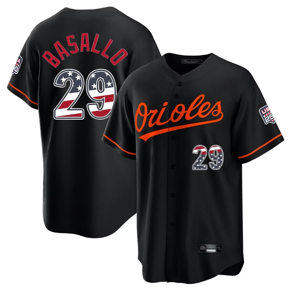 Arlishia B.Orioles #29 Samuel Basallo Player Black USA 250 Fourth of July Home Game Stitched Jerseys