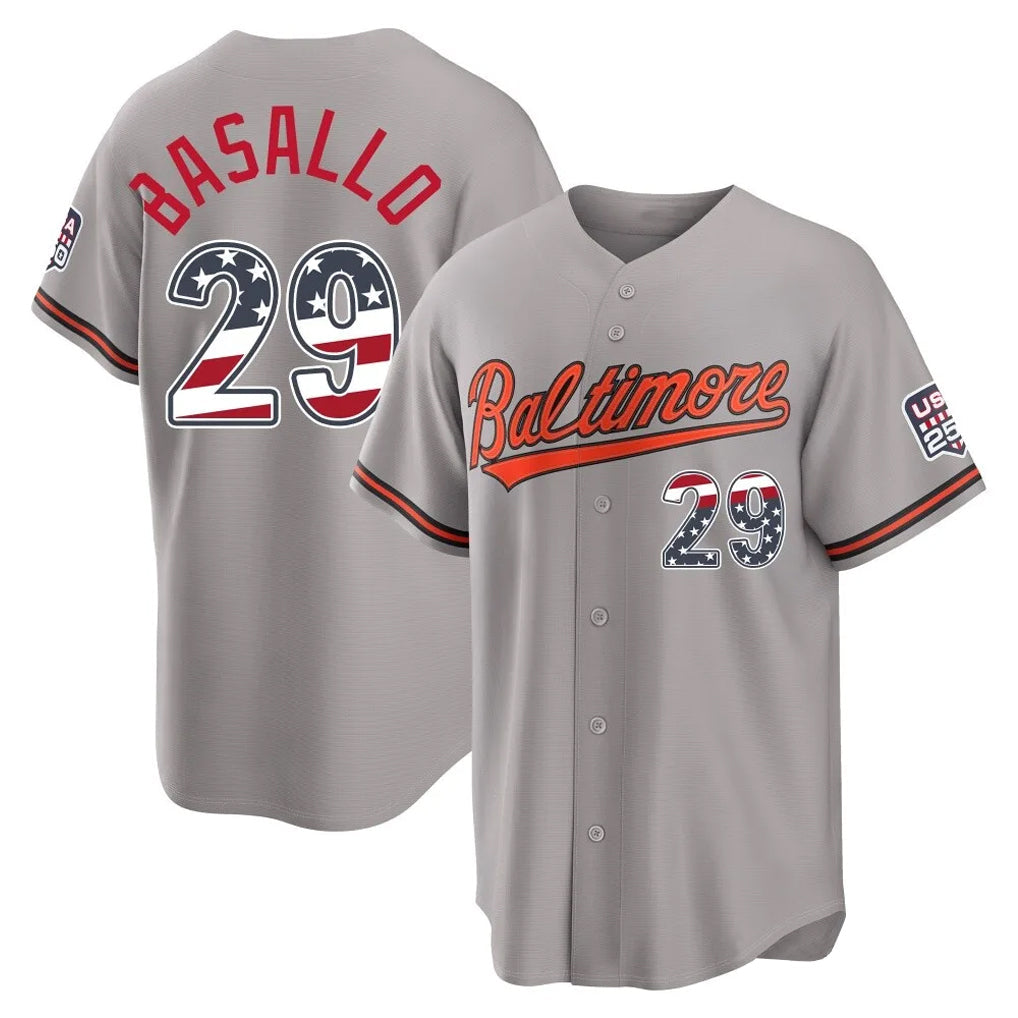 Arlishia B.Orioles #29 Samuel Basallo Player Gray USA 250 Fourth of July Home Game Stitched Jerseys