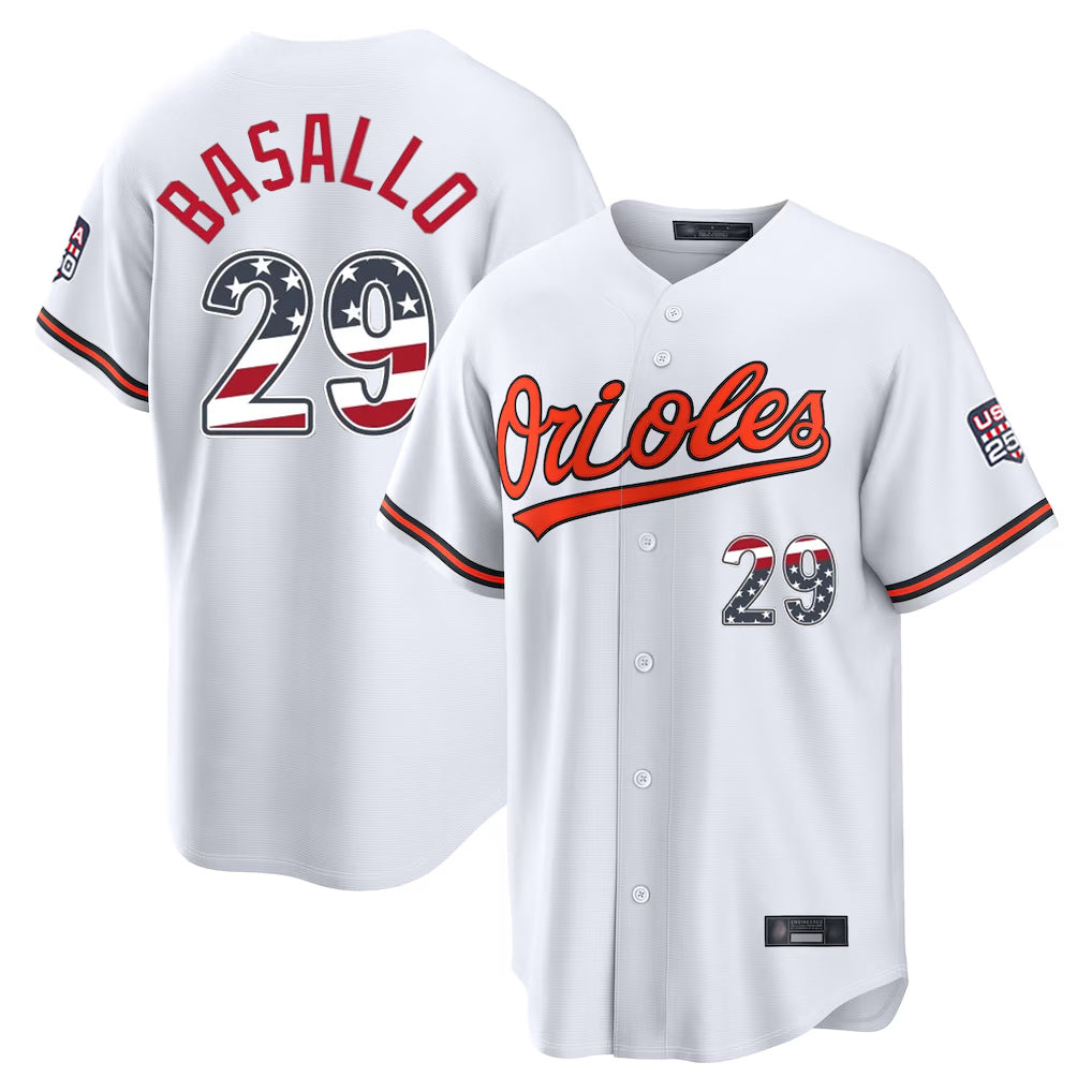 Arlishia B.Orioles #29 Samuel Basallo Player White USA 250 Fourth of July Home Game Stitched Jerseys