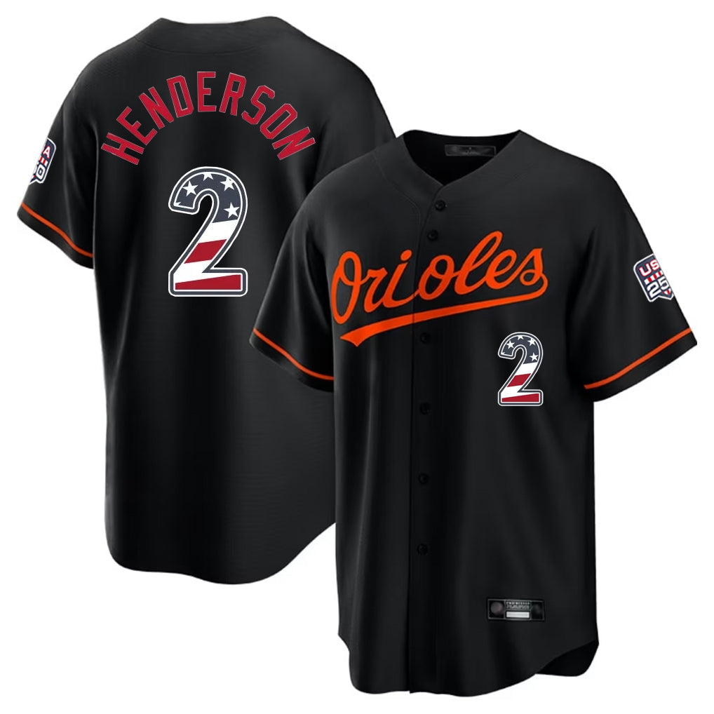 Arlishia B.Orioles #2 Gunnar Henderson Player Black USA 250 Fourth of July Home Game Stitched Jerseys