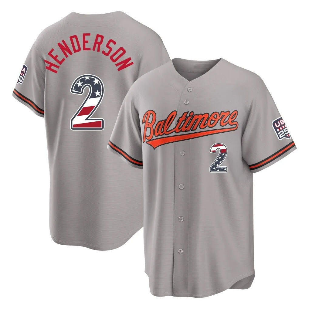 Arlishia B.Orioles #2 Gunnar Henderson Player Gray USA 250 Fourth of July Home Game Stitched Jerseys