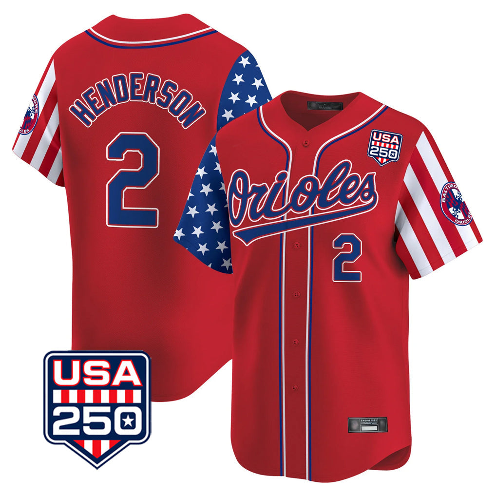 Arlishia B.Orioles #2 Gunnar Henderson Player Red USA 250 Independence Day Vapor Premier Limited Home Game Stitched Jerseys
