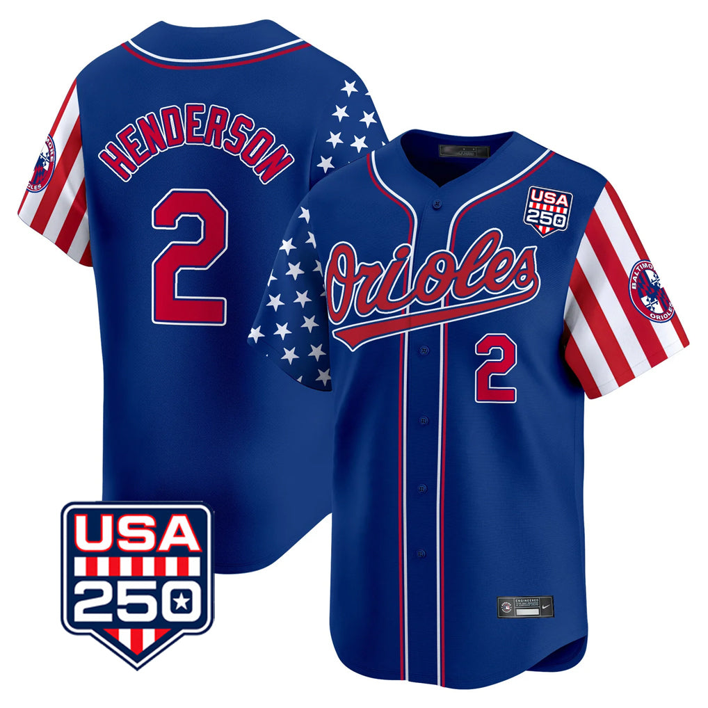 Arlishia B.Orioles #2 Gunnar Henderson Player Royal USA 250 Independence Day Vapor Premier Limited Home Game Stitched Jerseys