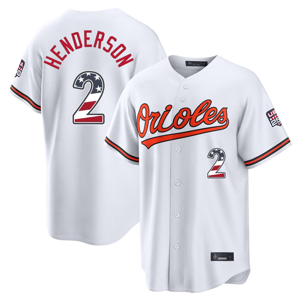 Arlishia B.Orioles #2 Gunnar Henderson Player White USA 250 Fourth of July Home Game Stitched Jerseys
