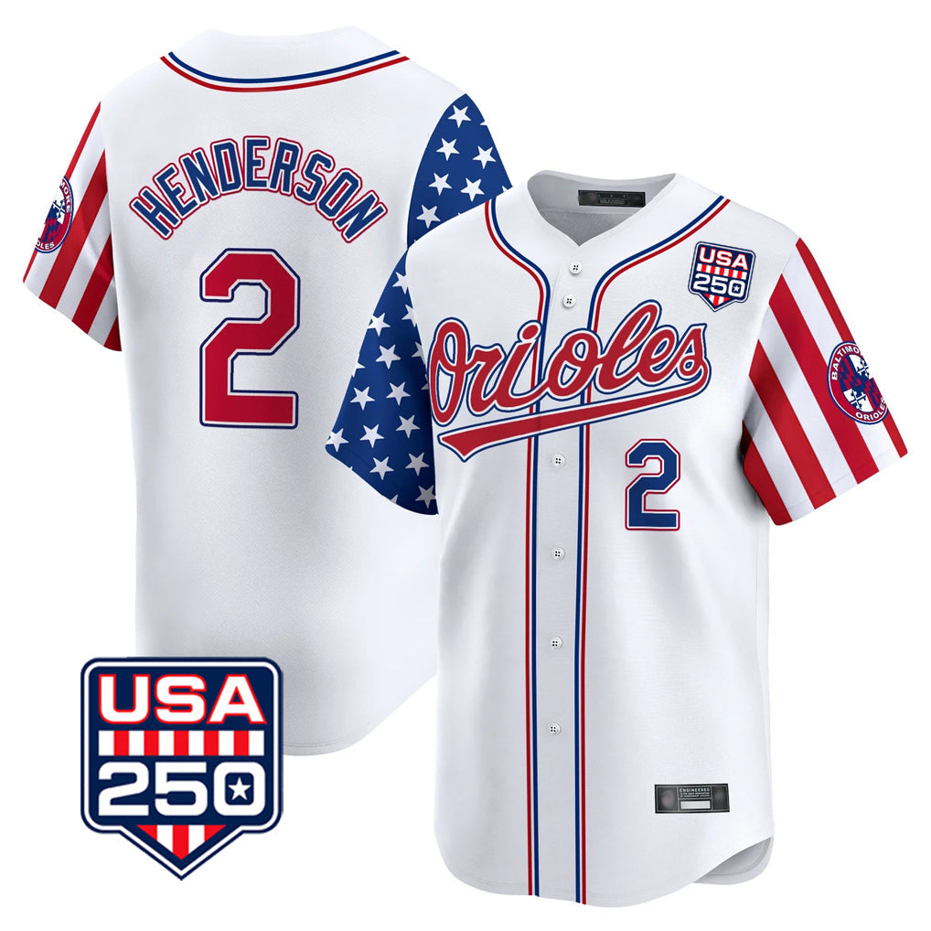 Arlishia B.Orioles #2 Gunnar Henderson Player White USA 250 Independence Day Vapor Premier Home Game Stitched Jerseys