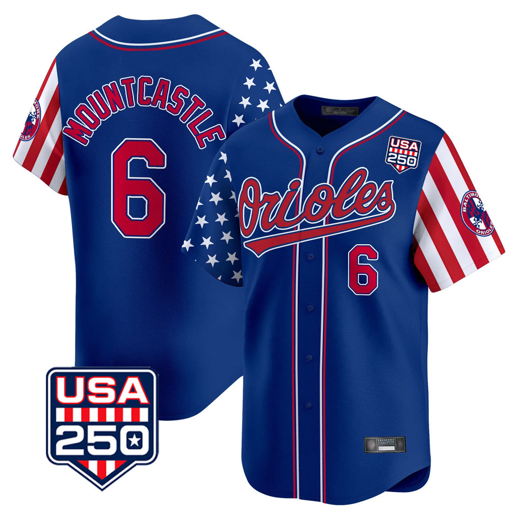 Arlishia B.Orioles #6 Ryan Mountcastle Player Royal USA 250 Independence Day Vapor Premier Limited Home Game Stitched Jerseys