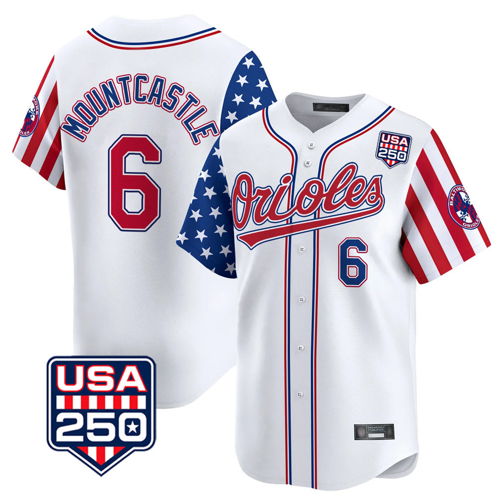 Arlishia B.Orioles #6 Ryan Mountcastle Player White USA 250 Independence Day Vapor Premier Home Game Stitched Jerseys