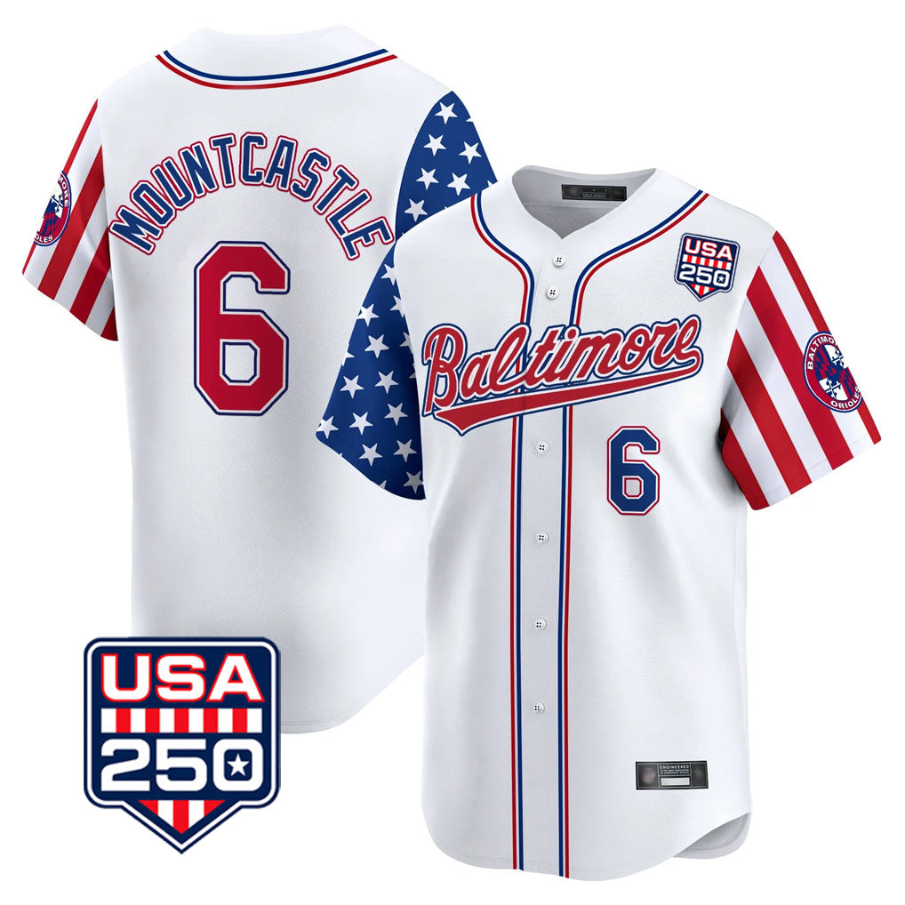 Arlishia B.Orioles #6 Ryan Mountcastle Player White USA 250 Independence Day Vapor Premier Limited Home Game Stitched Jerseys
