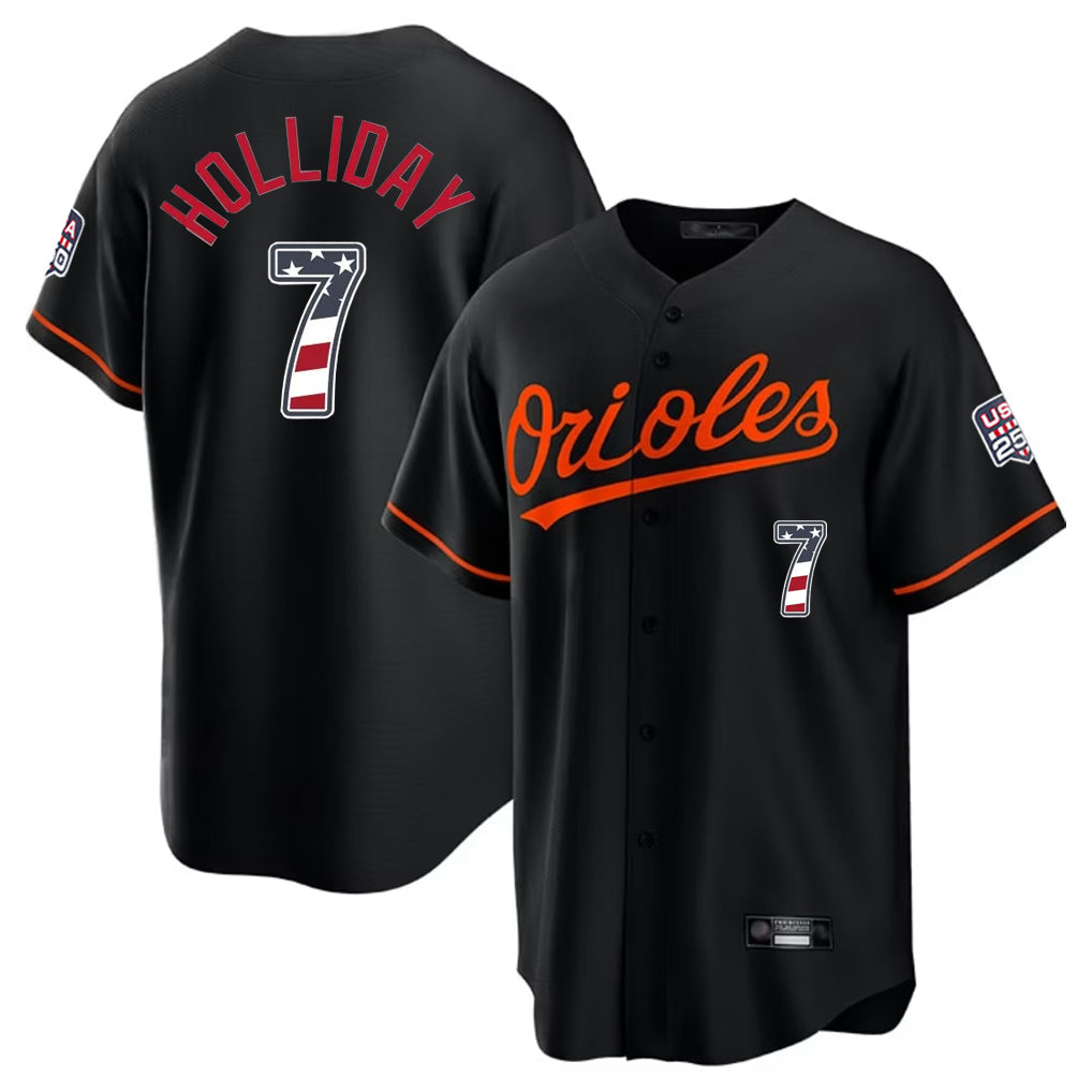 Arlishia B.Orioles #7 Jackson Holliday Player Black USA 250 Fourth of July Home Game Stitched Jerseys