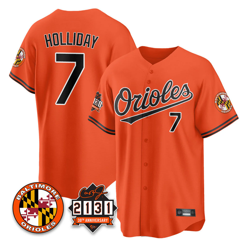 Arlishia B.Orioles #7 Jackson Holliday Player Orange 30th Anniversary of 2131 Home Game Stitched Jerseys