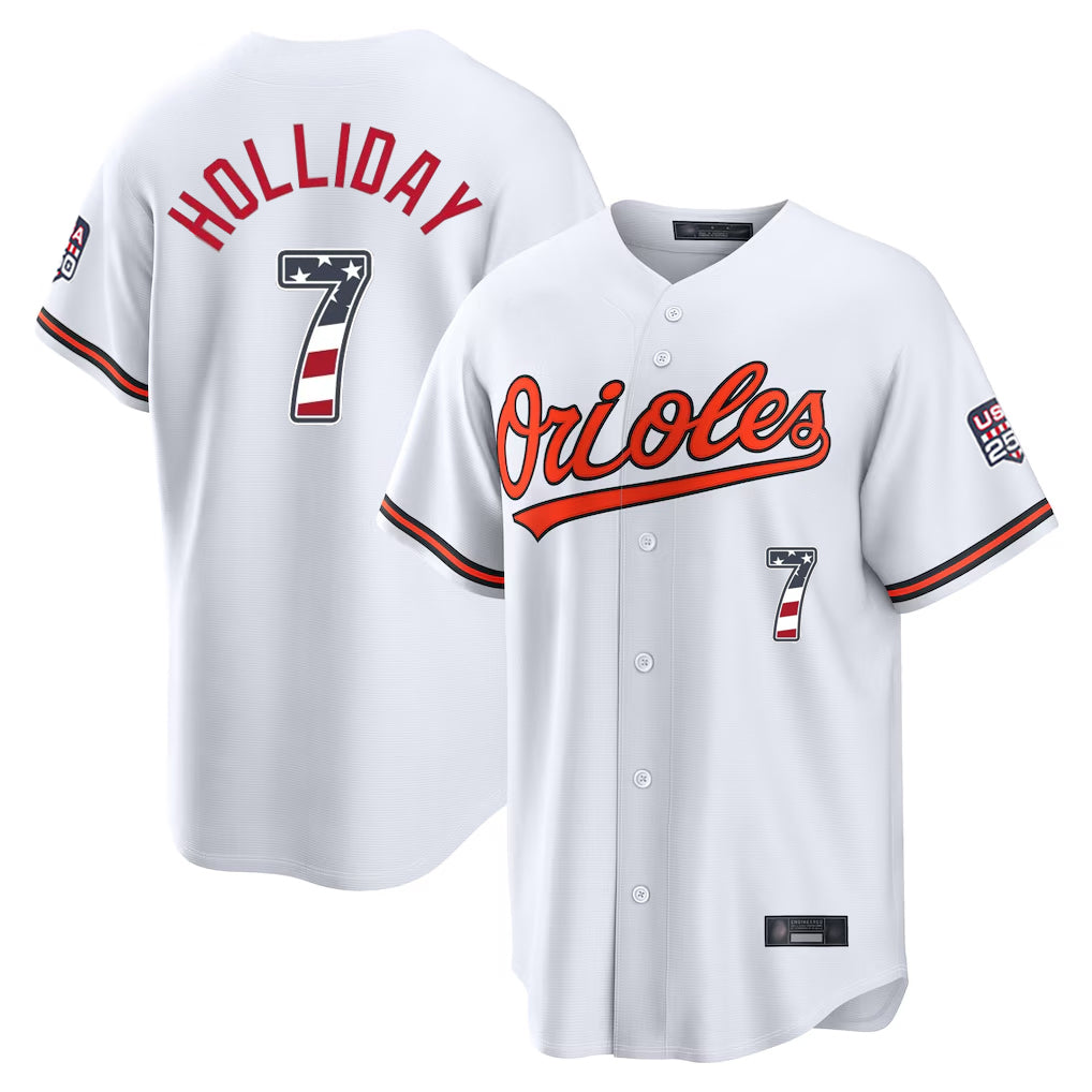 Arlishia B.Orioles #7 Jackson Holliday Player White USA 250 Fourth of July Home Game Stitched Jerseys