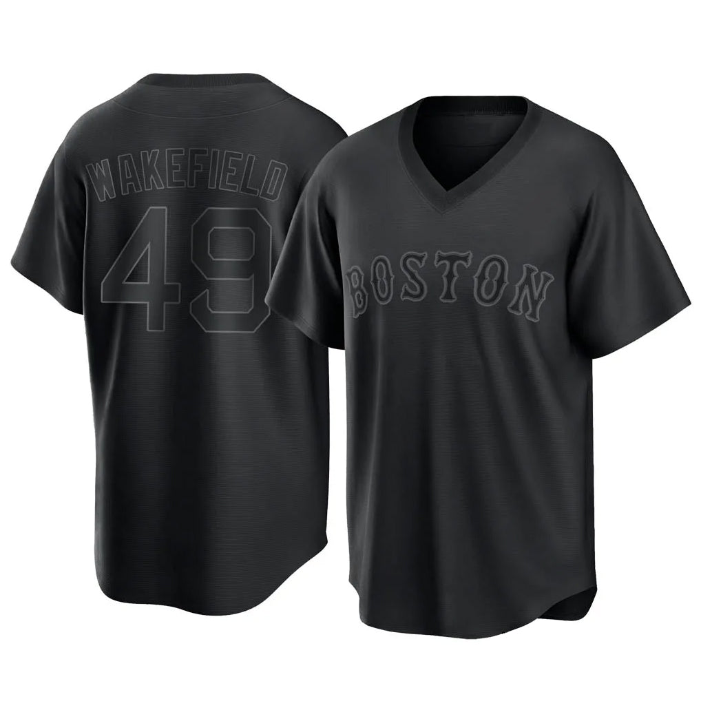 Arlishia B.Red Sox #49 Tim Wakefield Player Black T-shirt Home Game Stitched Jerseys