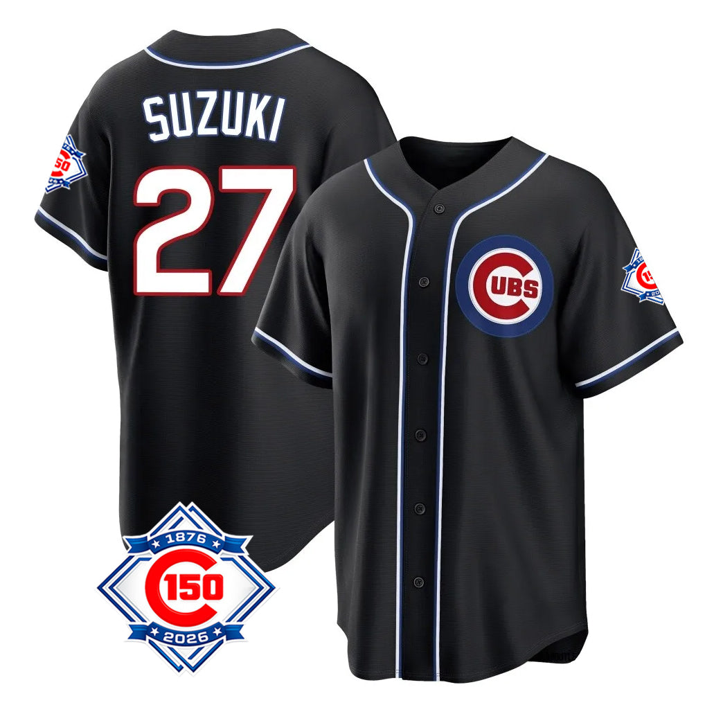 Arlishia C.Cubs #27 Seiya Suzuki Player Black Fashion Out 150th Anniversary Game Stitched Jerseys