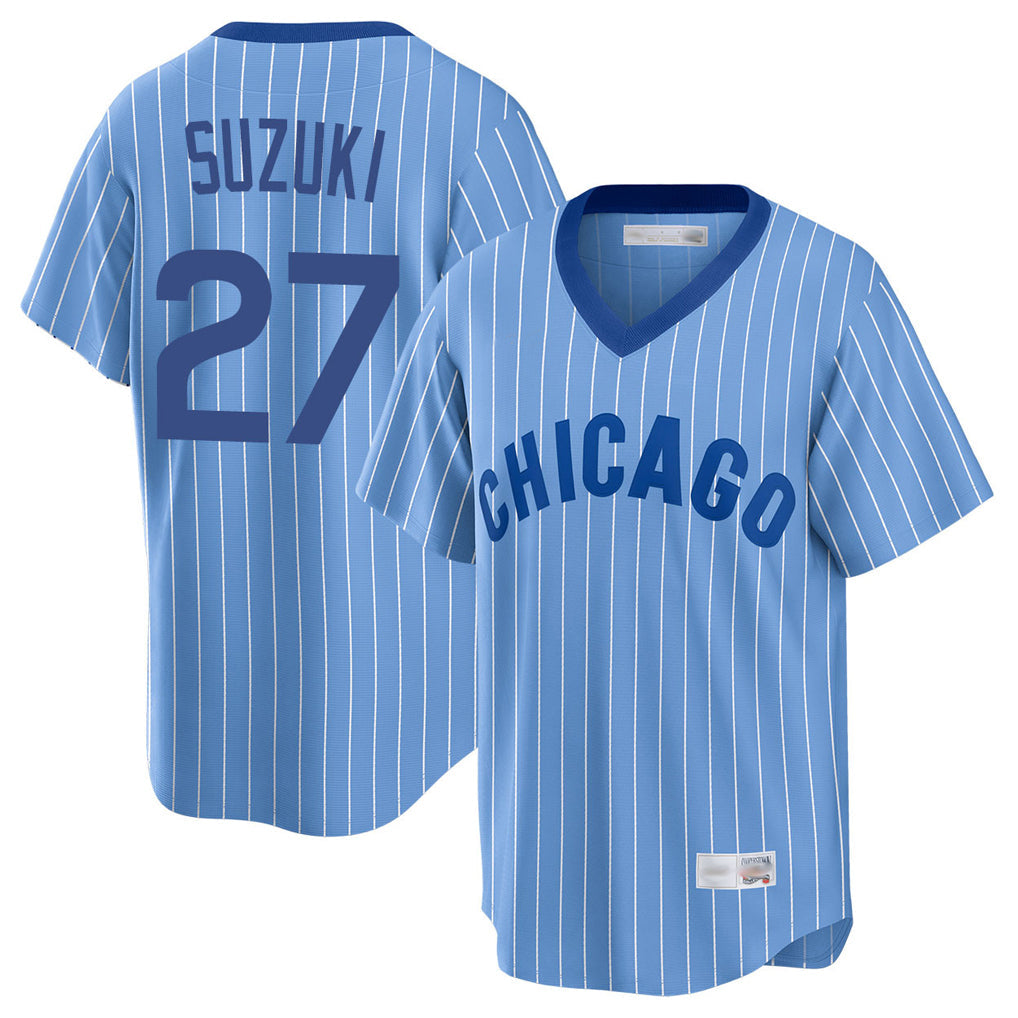 Arlishia C.Cubs #27 Seiya Suzuki Player Blue T-shirt Cooperstown Collection Limited Stitched Jerseys