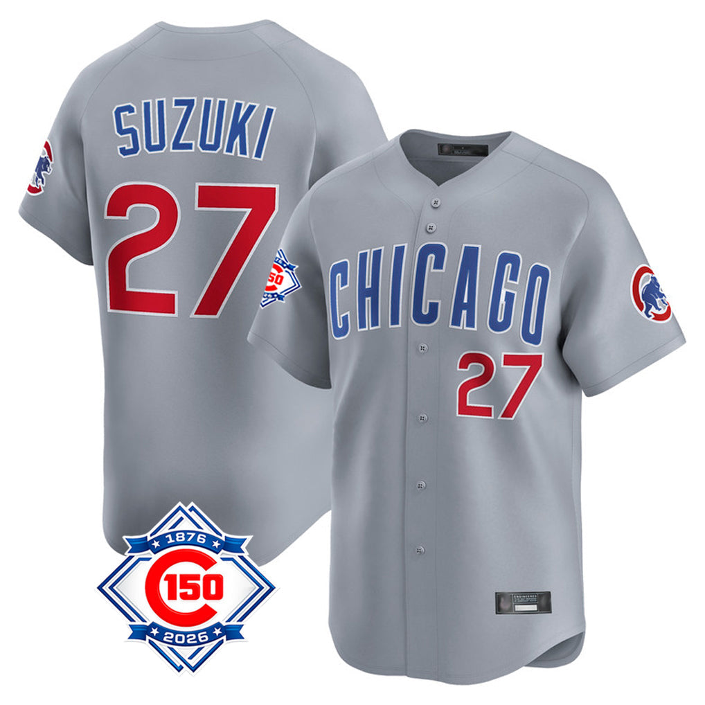 Arlishia C.Cubs #27 Seiya Suzuki Player Gray Road 150th Anniversary Limited Home Stitched Jerseys