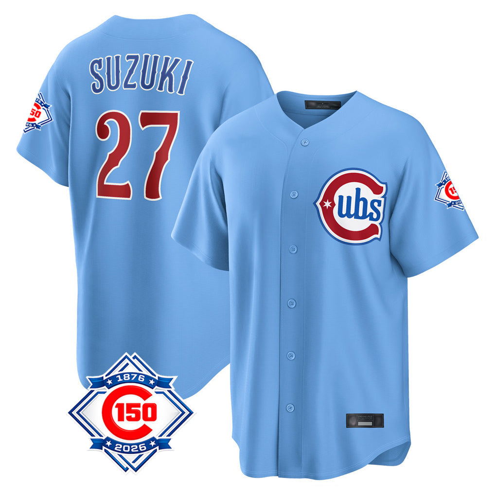 Arlishia C.Cubs #27 Seiya Suzuki Player Light Blue 150th Anniversary Home Game Stitched Jerseys