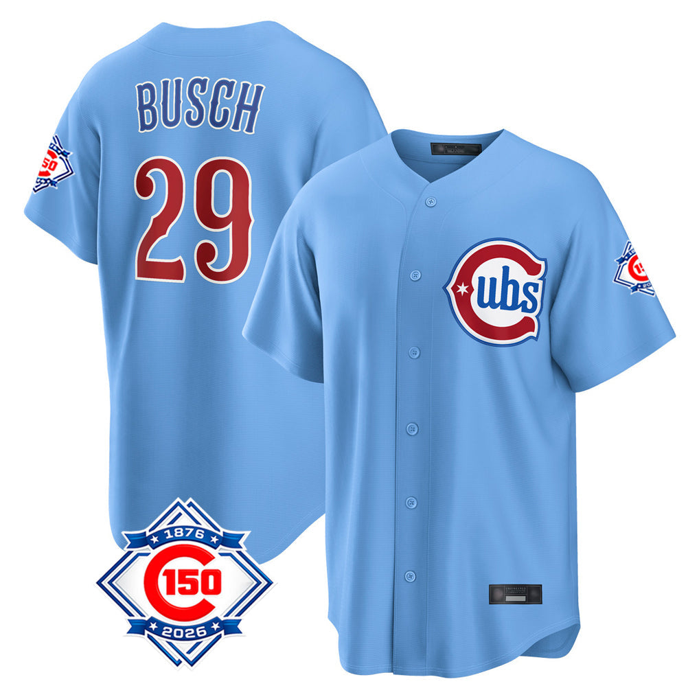 Arlishia C.Cubs #29 Michael Busch Player Light Blue 150th Anniversary Home Game Stitched Jerseys
