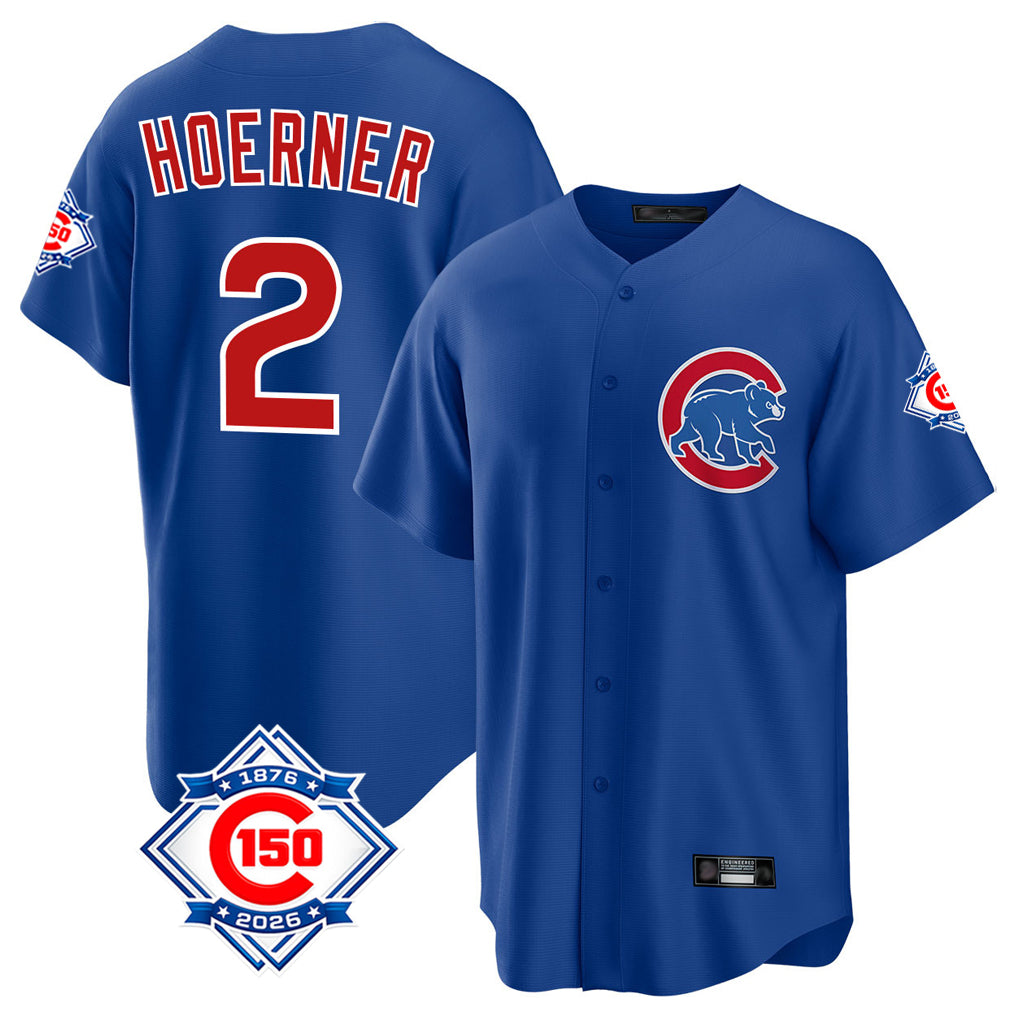 Arlishia C.Cubs #2 Nico Hoerner Player Royal 150th Anniversary Home Game Stitched Jerseys
