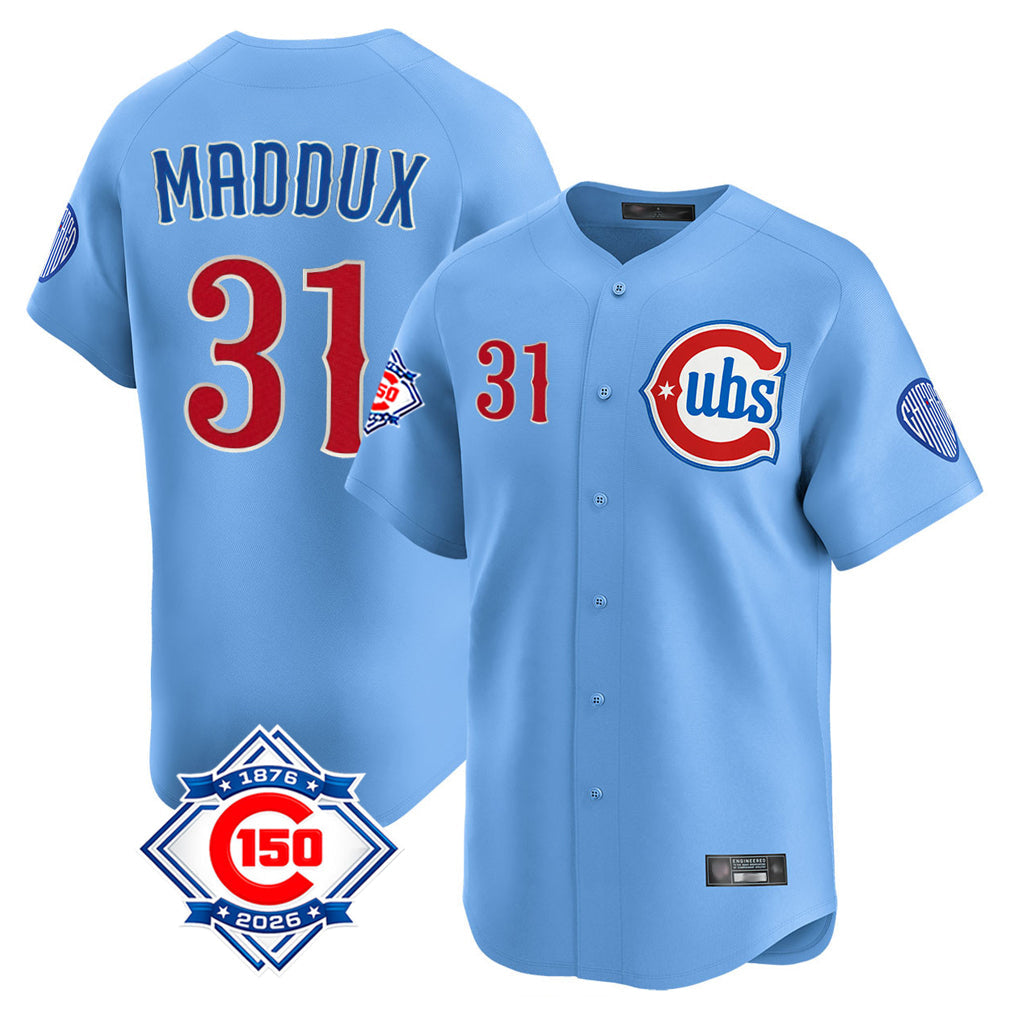 Arlishia C.Cubs #31 Greg Maddux Player Light Blue 150th Anniversary Limited Home Stitched Jerseys