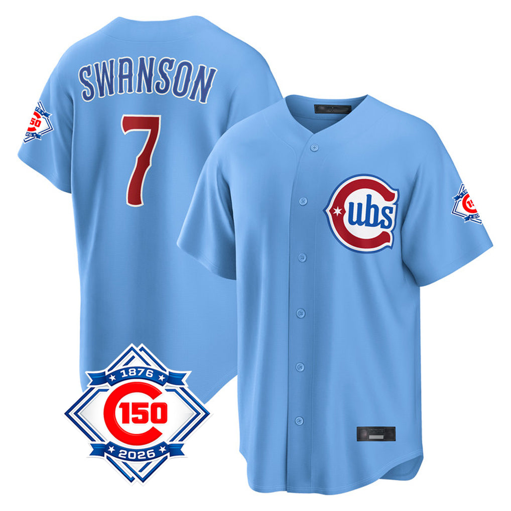Arlishia C.Cubs #7 Dansby Swanson Player Light Blue 150th Anniversary Home Game Stitched Jerseys