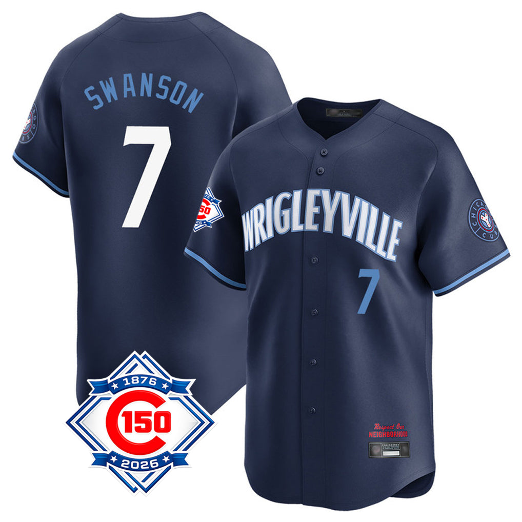 Arlishia C.Cubs #7 Dansby Swanson Player Navy City Connect 150th Anniversary Limited Home Stitched Jerseys