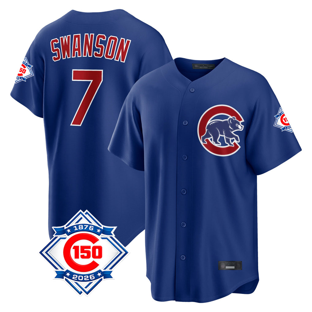 Arlishia C.Cubs #7 Dansby Swanson Player Royal 150th Anniversary Home Game Stitched Jerseys