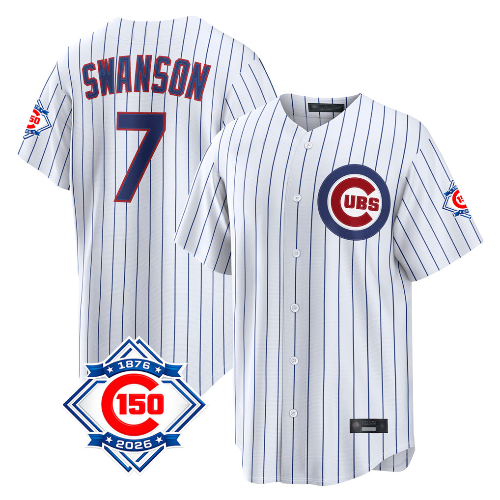 Arlishia C.Cubs #7 Dansby Swanson Player White 150th Anniversary Game Home Stitched Jerseys
