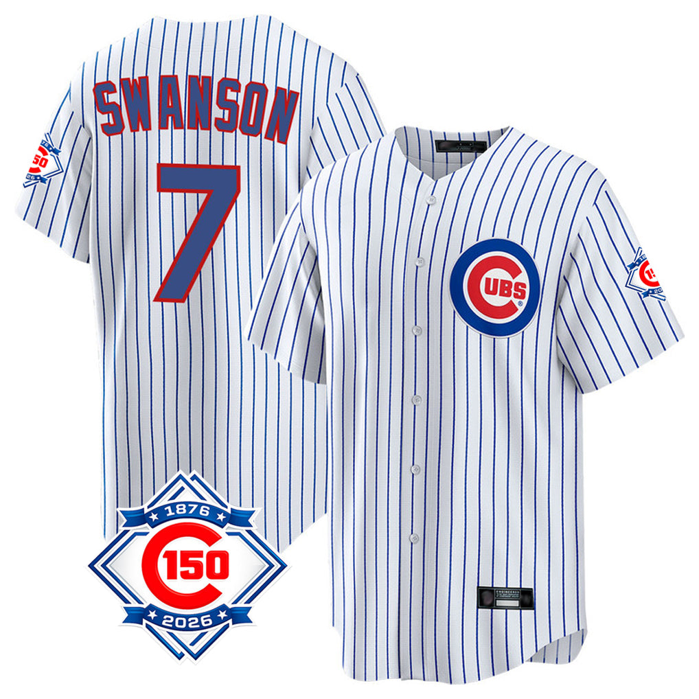 Arlishia C.Cubs #7 Dansby Swanson Player White 150th Anniversary Home Game Stitched Jerseys