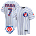 Arlishia C.Cubs #7 Dansby Swanson Player White 150th Anniversary Home Game Stitched Jerseys