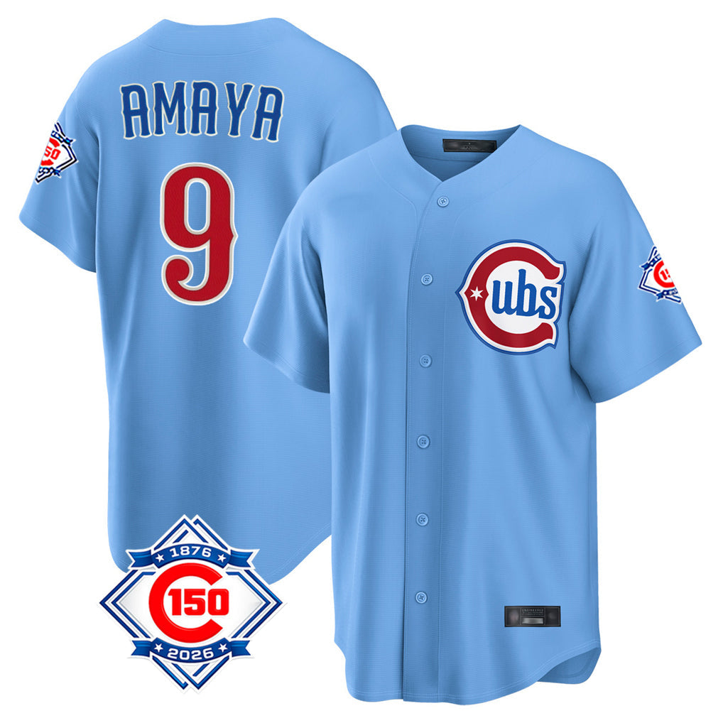 Arlishia C.Cubs #9 Miguel Amaya Player Light Blue 150th Anniversary Home Game Stitched Jerseys