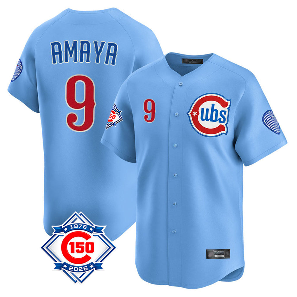 Arlishia C.Cubs #9 Miguel Amaya Player Light Blue 150th Anniversary Limited Home Stitched Jerseys