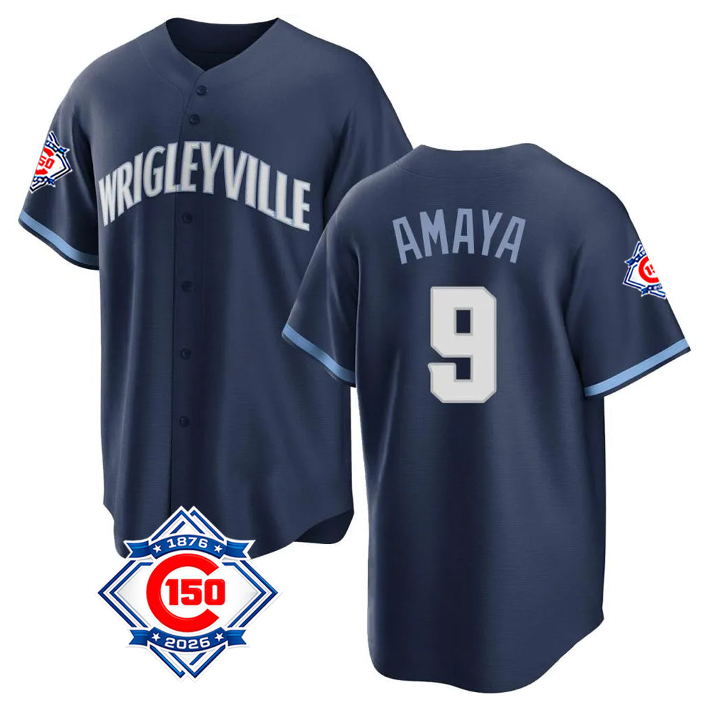 Arlishia C.Cubs #9 Miguel Amaya Player Navy 150th Anniversary City Connect Home Game Stitched Jerseys