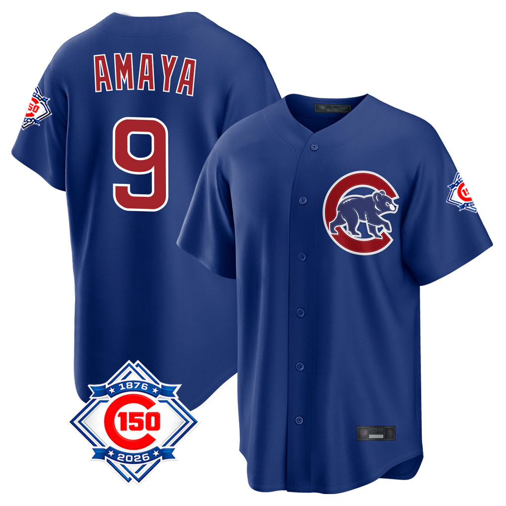 Arlishia C.Cubs #9 Miguel Amaya Player Royal 150th Anniversary Home Game Stitched Jerseys