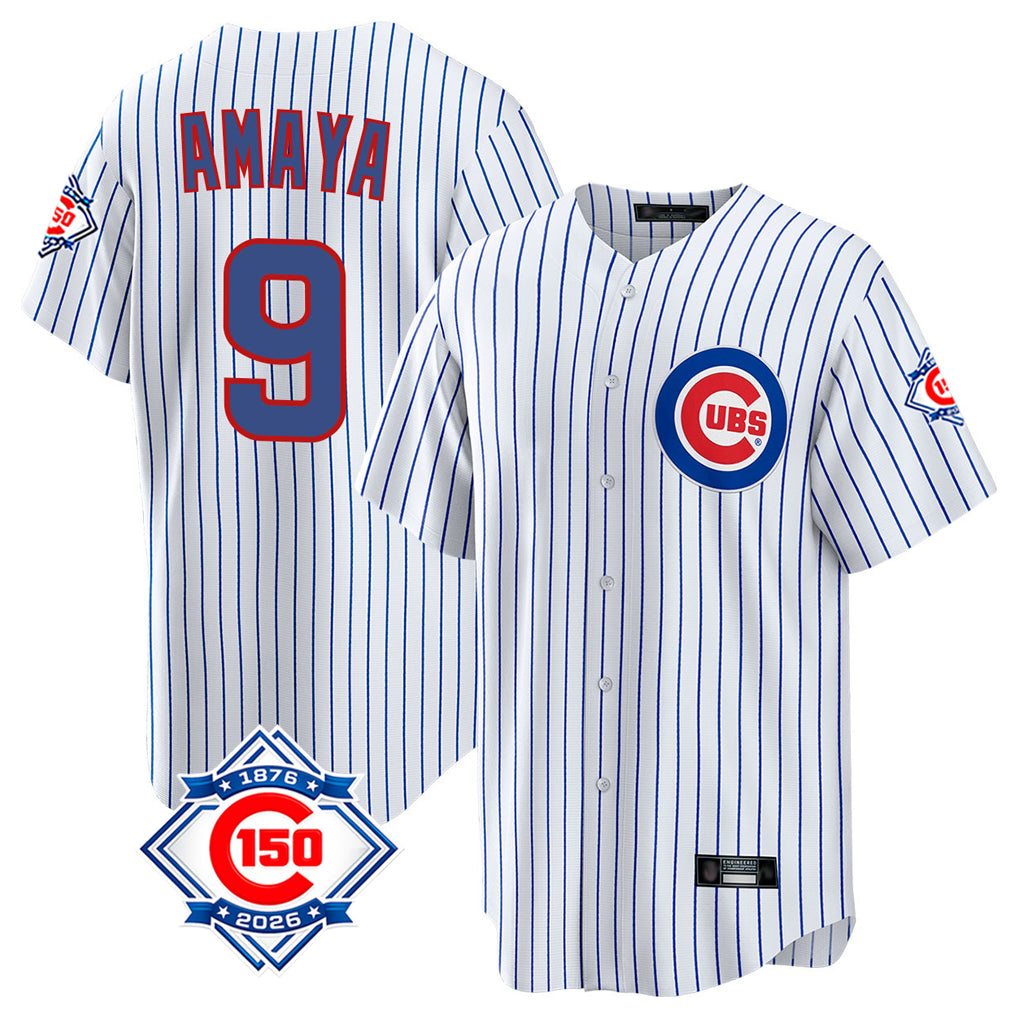 Arlishia C.Cubs #9 Miguel Amaya Player White 150th Anniversary Home Game Stitched Jerseys