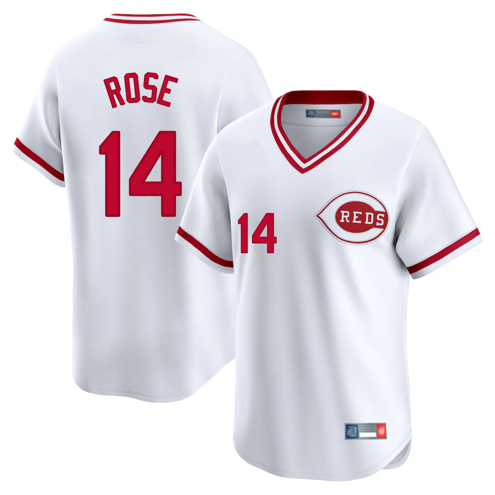 Arlishia C.Reds #14 Pete Rose Player White Cooperstown Collection Limited T-shirt Home Stitched Jerseys