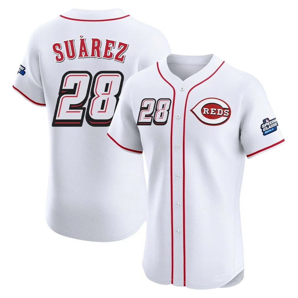 Arlishia C.Reds #28 Eugenio Su¨¢rez Player White Speedway Classic Limited Elite Home Stitched Jerseys