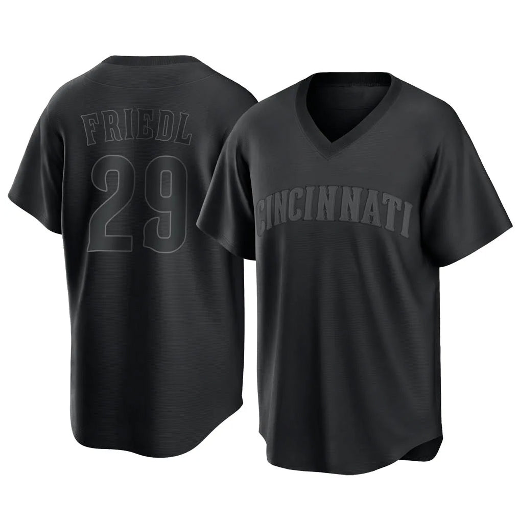 Arlishia C.Reds #29 TJ Friedl Player Black T-shirt Game Home Stitched Jerseys