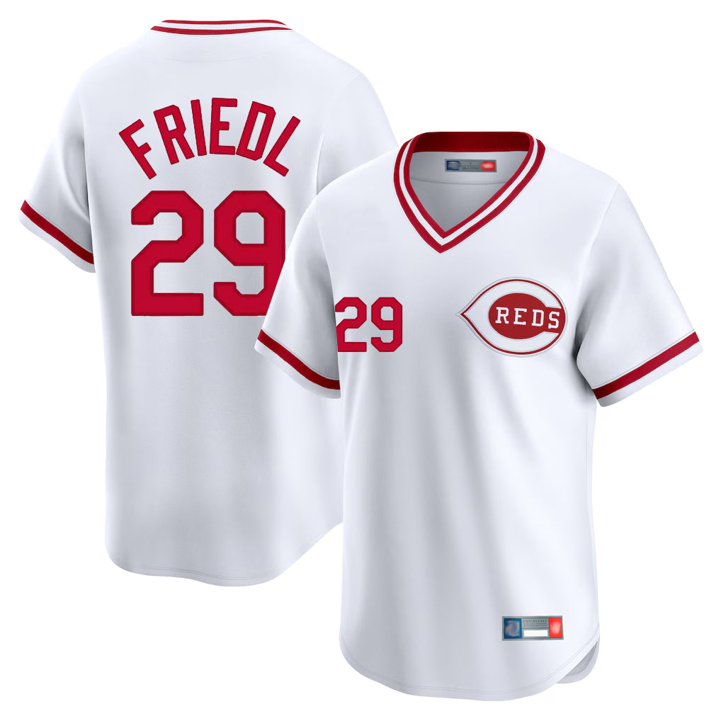 Arlishia C.Reds #29 TJ Friedl Player White Cooperstown Collection Limited T-shirt Home Stitched Jerseys