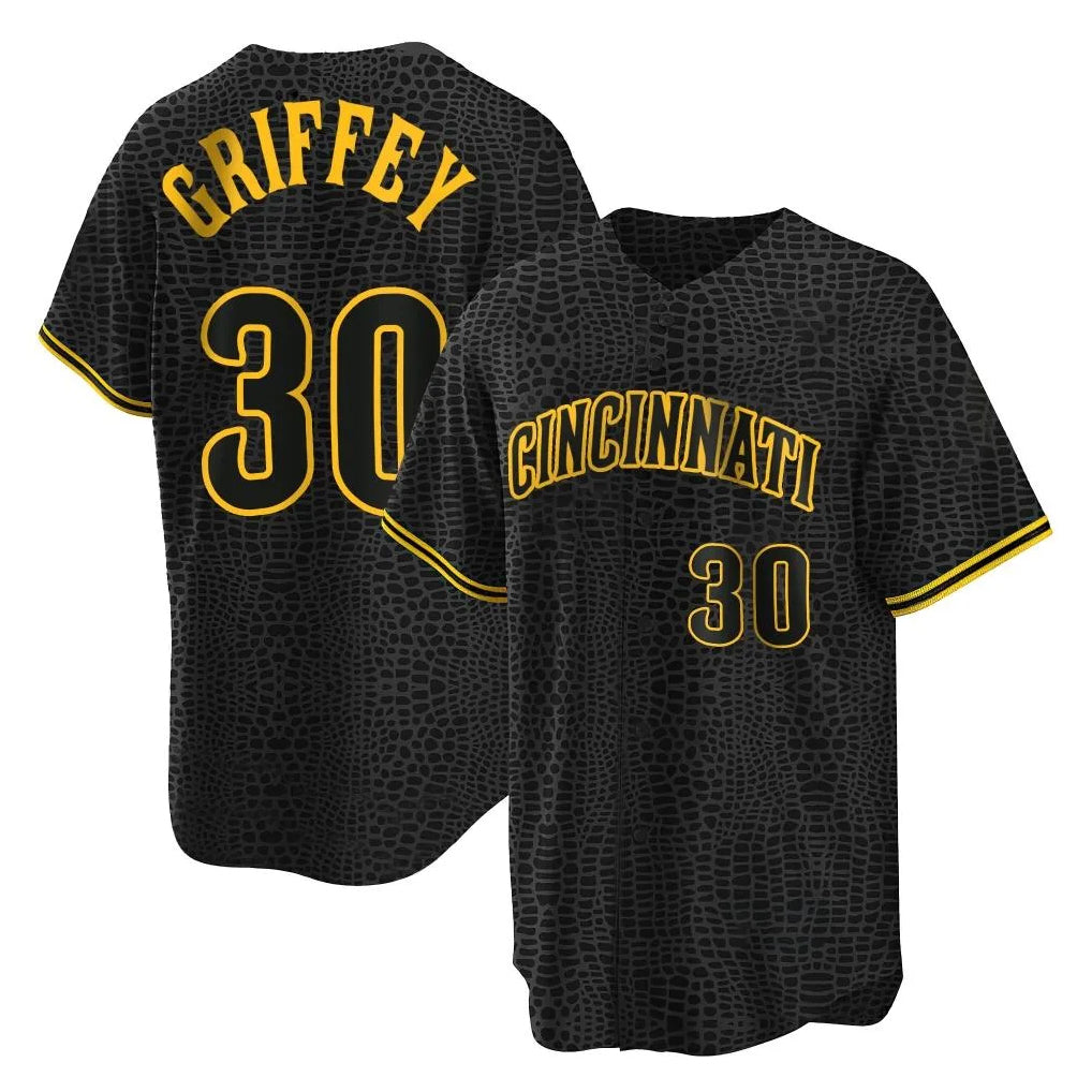 Arlishia C.Reds #30 Ken Griffey Player Black Snake Skin City Home Stitched Jerseys