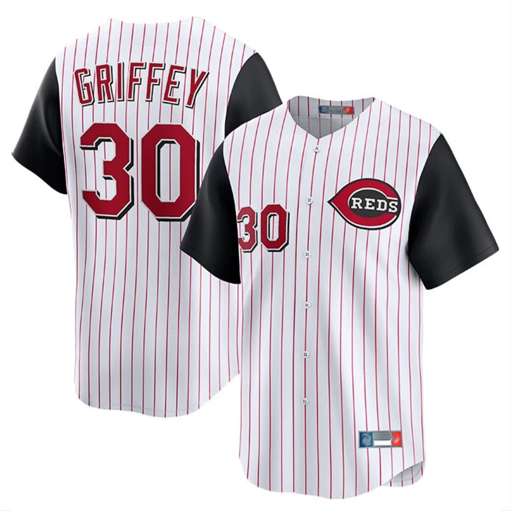 Arlishia C.Reds #30 Ken Griffey Player White Black Stripe Field of Dreams Game Home Stitched Jerseys