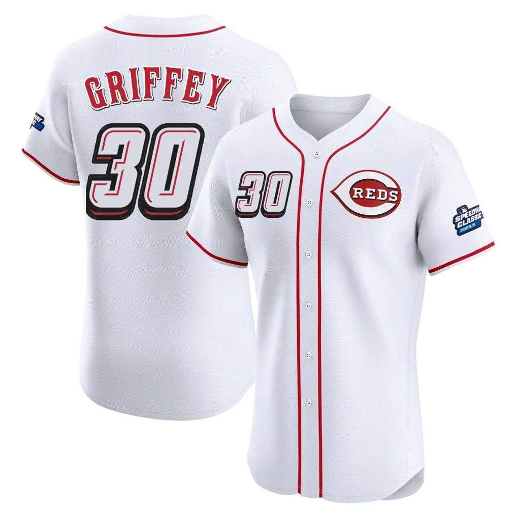 Arlishia C.Reds #30 Ken Griffey Player White Speedway Classic Limited Elite Home Stitched Jerseys