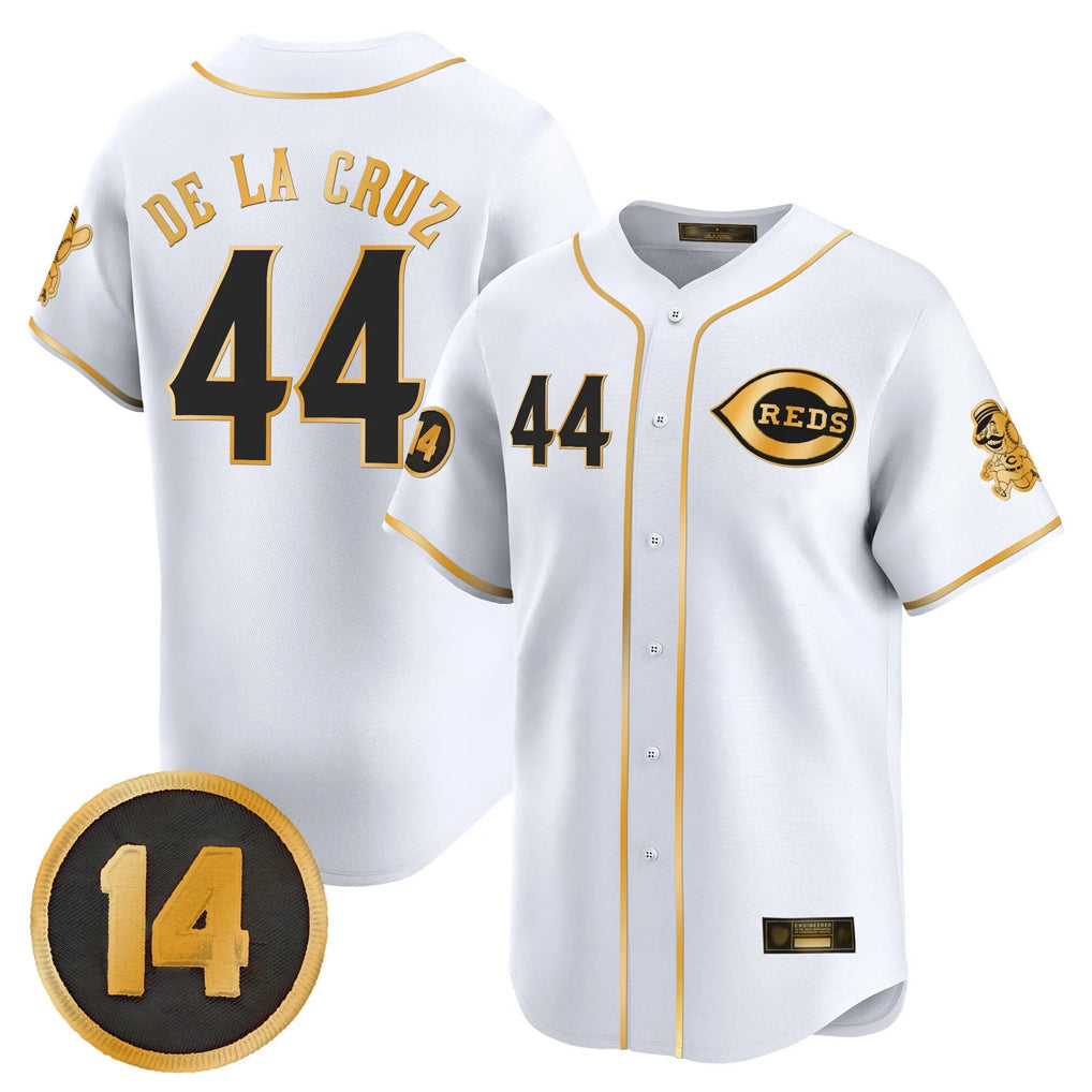 Arlishia C.Reds #44 Elly De La Cruz Player White-Gold Vapor Premier Limited Home Stitched Jerseys