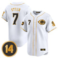 Arlishia C.Reds #7 Spencer Steer Player White-Gold Vapor Premier Limited Home Stitched Jerseys